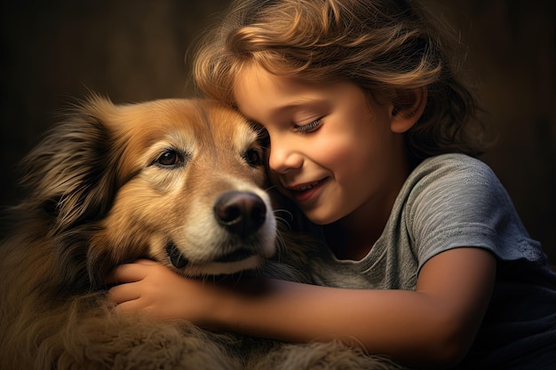 Een klein meisje omhelst een grote bruine hond.