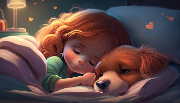 Een klein meisje slaapt met haar hond in bed