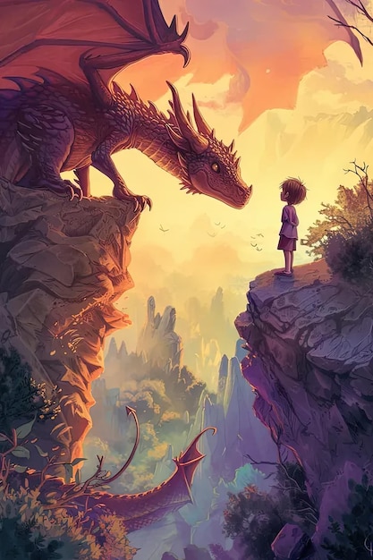 Een klein meisje staat op de top van een klif naast een draak.