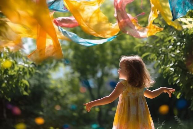 Een klein meisje staat voor een regenboogvlag