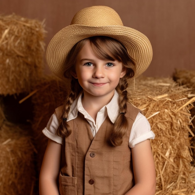 Een klein meisje verkleed als boer met een hoed en een beige hoed zit voor hooibalen