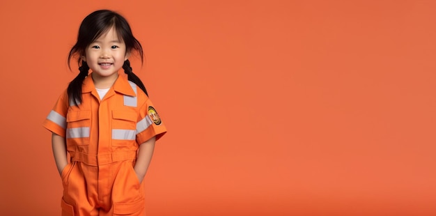 een klein meisje verkleed als brandweerman staat voor een oranje achtergrond