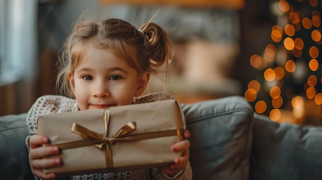 Een klein meisje verstopt een geschenkkist en kijkt naar de camera om haar vader te begroeten op Vadersdag terwijl haar vader op de bank zit en ronddwaalt in de ruimte.