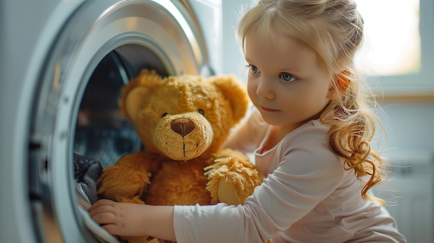 Een klein meisje zet haar teddybeer in de wasmachine voor schoonmaakdoeleinden met een grote wazige achtergrond en ruimte voor tekst Generatieve AI