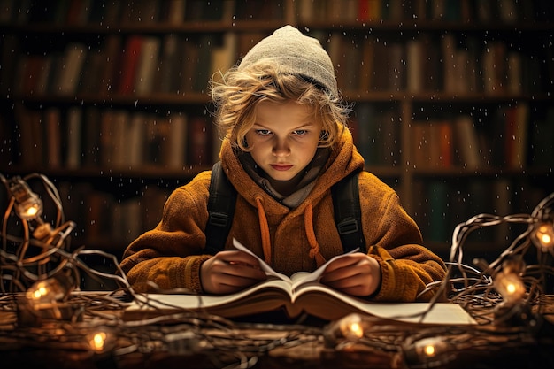 Een klein meisje zit aan een tafel een boek te lezen
