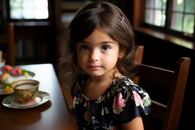 een klein meisje zit aan een tafel met een kop thee