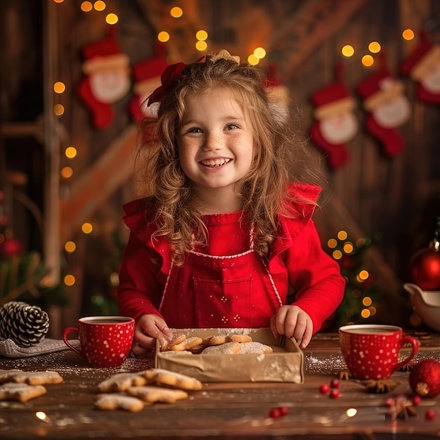 Een klein meisje zit aan een tafel met koekjes en een kerstmanhoed erop.