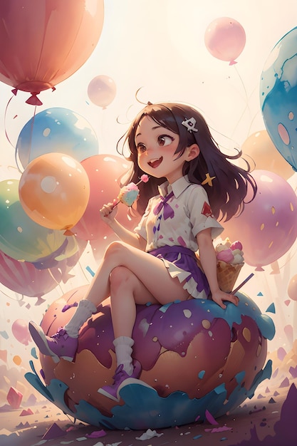 Een klein meisje, zittend op het gigantische cake-ijs met ballonnen, boekomslag achtergrondillustratie
