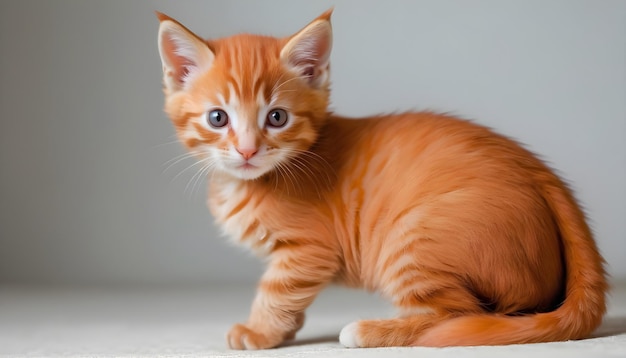 een klein oranje kitten met een witte neus en een roze neus