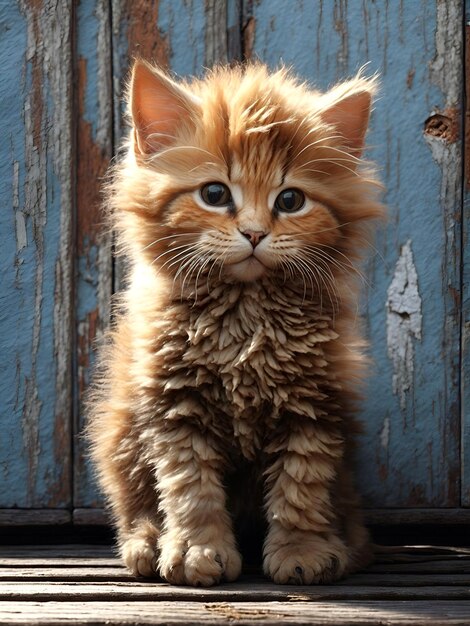 Foto een klein oranje kitten zit op een houten vloer