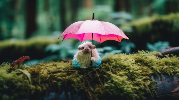 Foto een klein pluizig schepsel dat onder een roze paraplu zit generatief ai-beeld