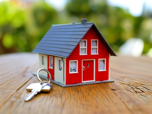 Een klein rood huis met sleutels op een houten tafel.