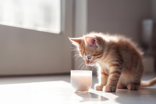 Een klein rood kitten kijkt in een glas melk op de keukenvloer in het zonnige daglicht het concept van goed gezond eten Generatieve AI