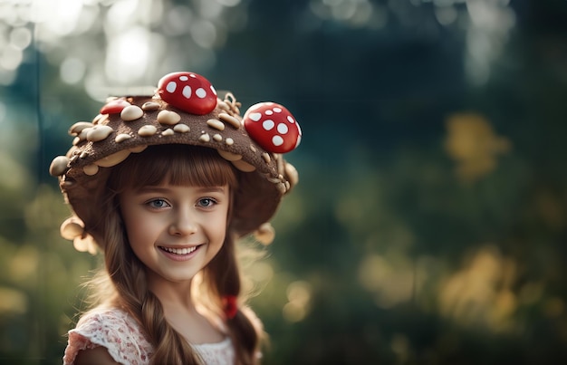 Een klein schattig tienjarig meisje met een glimlachend gezicht, een paddenstoel als een hoed op het hoofd, een zeer gedetailleerde vlinder die naar de kijker kijkt, een hartvormige hand, harten die rondzweven.