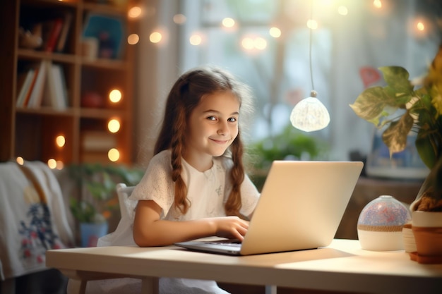 Een klein schoolmeisje benut de kracht van e-learning thuis