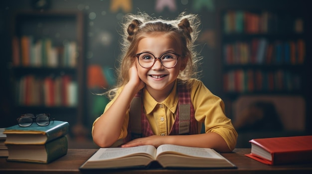 Een klein schoolmeisje dat lacht terwijl ze voor een boek zit tegen de achtergrond van een boekenplank Gemaakt met generatieve AI-technologie