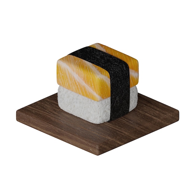 Een klein stukje sushi met een zwarte streep erop.