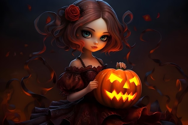 Een klein Victoriaans Aziatisch meisje met een halloween pompoen.