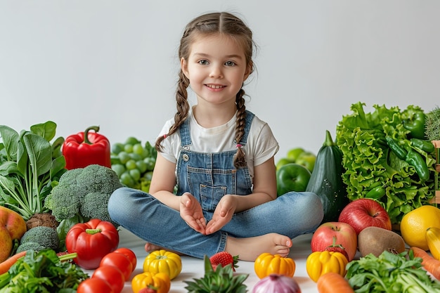 Een klein vrouwtje op een witte achtergrond omringd door fruit en groenten