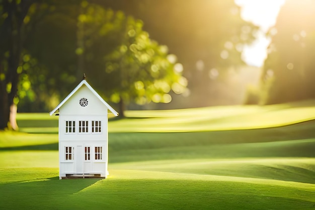 Een klein wit huis op een groen gazon met de zon die door de bomen schijnt.