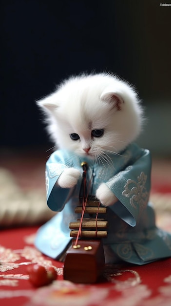 Een klein wit katje draagt een blauwe kimono.