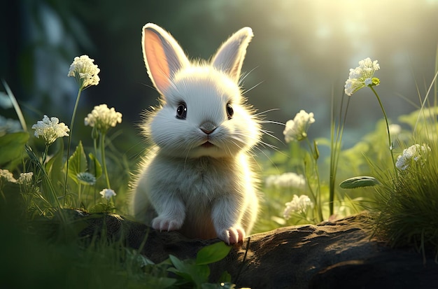 een klein wit konijn zit in het gras in de stijl van Raphael Lacoste