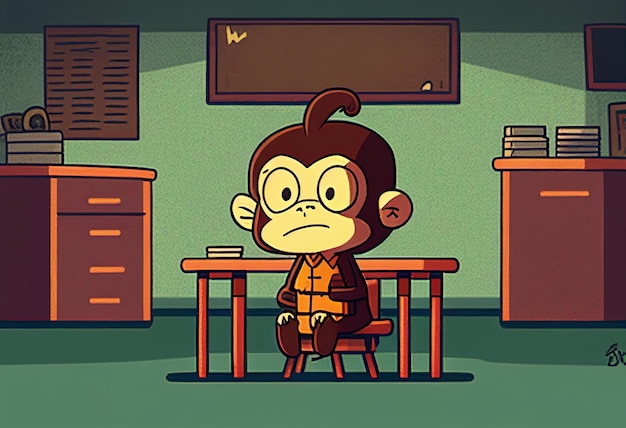 Een kleine aap zit aan een schoolbank in een door AI gegenereerde tekenfilmstijl