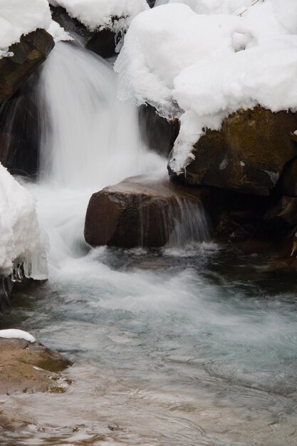 een kleine actieve waterval schone bergstroom besneeuwde winterlandschap wildlife achtergrond