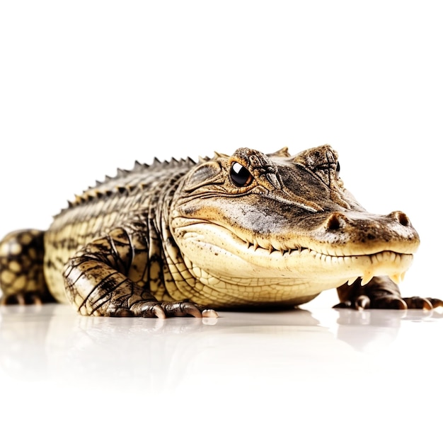 Een kleine alligator is op een witte achtergrond met een witte achtergrond.
