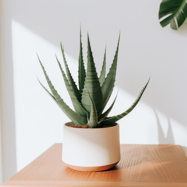 een kleine aloë vera plant wordt op een witte tafel geplaatst