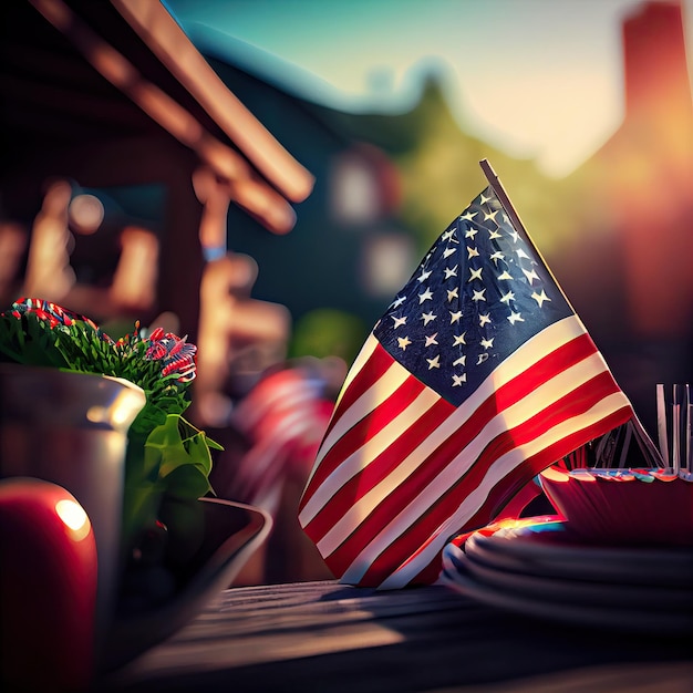 Een kleine Amerikaanse vlag zittend op een tafel