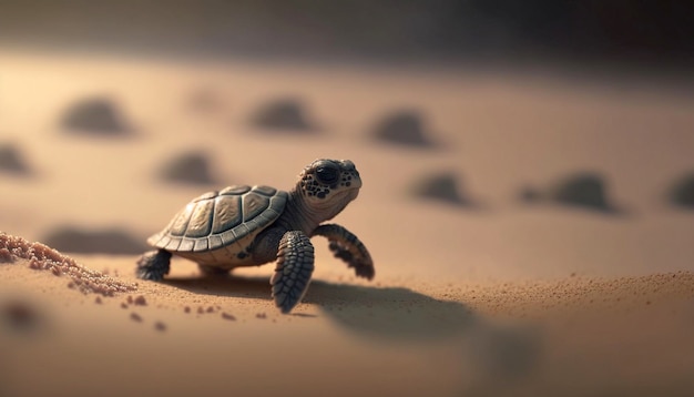 Foto een kleine babyschildpad die zijn reis over het zand maakt generatieve ai