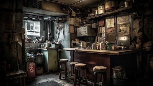 Een kleine bar met een bord waarop staat 'veel mensen'