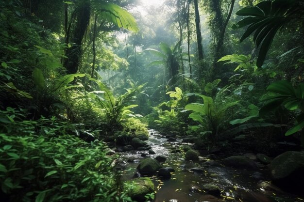 Een kleine beek in de weelderige jungle.