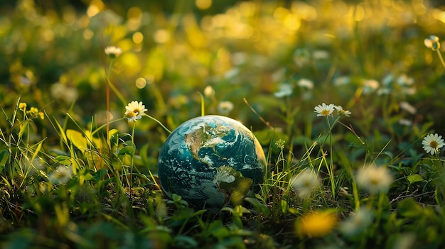 Een kleine blauw-witte bol zit in een veld van bloemen. De scène is vreedzaam en serene met de felle kleuren van de bloemen in contrast met het blauw en wit van de bol.