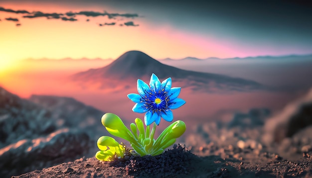 Een kleine blauwe bloem die ontspruit aan de rand van een door AI gegenereerde berg Mars