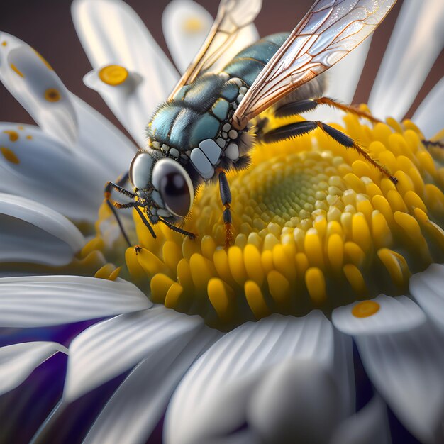 Een kleine blauwe vlieg zit op een bloem met een geel hart.