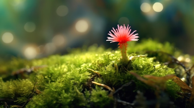 Een kleine bloem in mos met een groene achtergrond