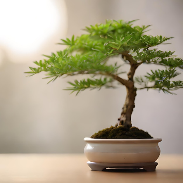 een kleine bonsai boom in een pot op een tafel