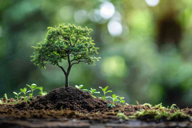 een kleine boom die in een vuil stukje groeit met een kleine plant die daaruit groeit