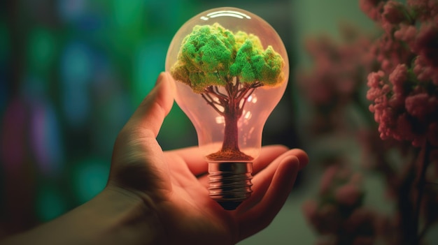 Een kleine boom geplant in een energiebesparende gloeilamp die door een hand groene energie Generative AI vasthoudt