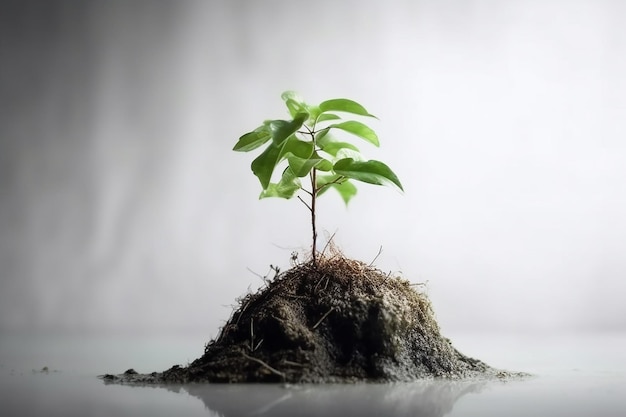 Een kleine boom groeit op een hoop aarde