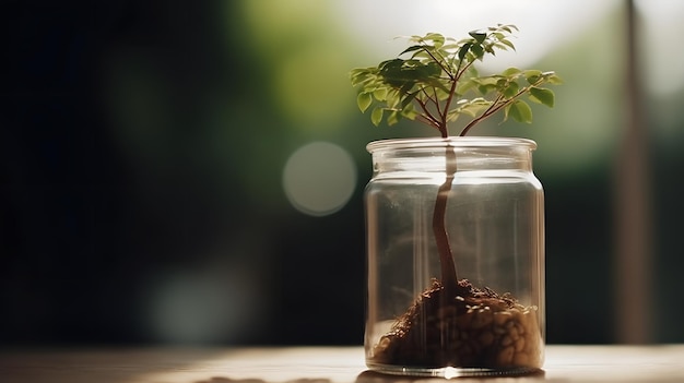 Een kleine boom in een glazen pot met het woord boom erop