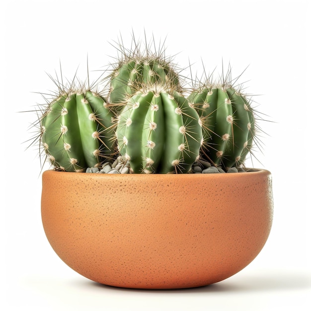 Een kleine cactus in een pot met een witte achtergrond.