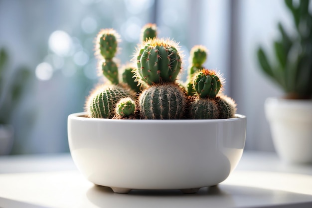 een kleine cactus in een witte pot op een witte tafel ai generatief