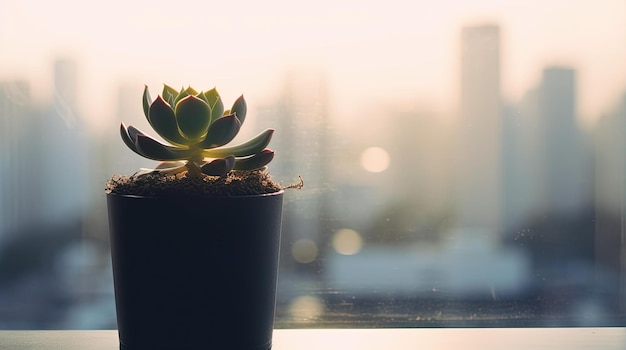 Een kleine cactusplant staat op een vensterbank voor een stadsgezicht.