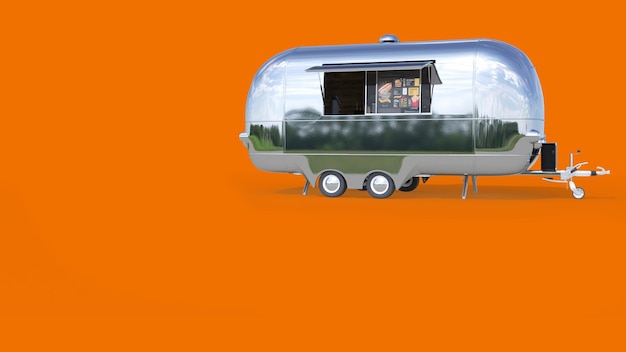 Een kleine caravan met een man voor het raam