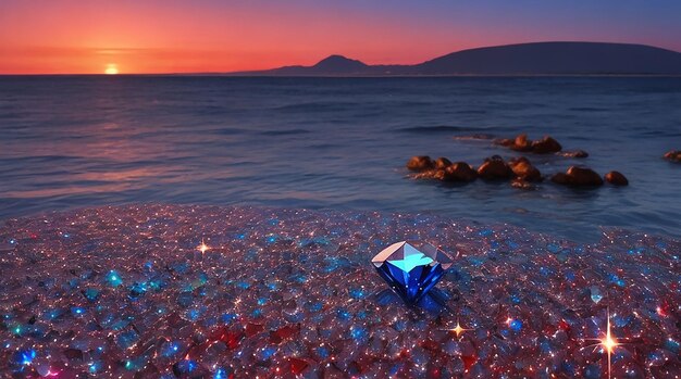 een kleine diamant schijnt over een grote zee van juwelen met een blauwe en rode lucht op de achtergrond