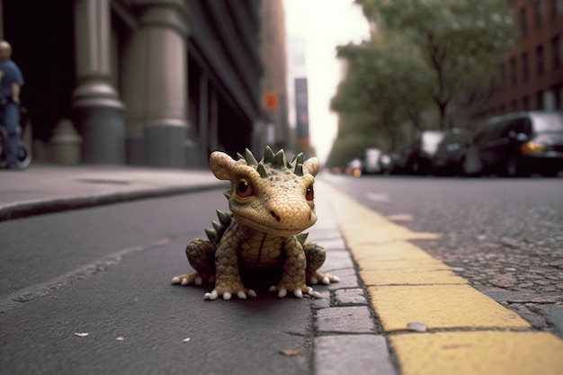 Foto een kleine dinosaurus op straat