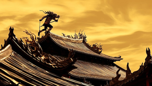 Foto een kleine draak chinese man met een gouden draak vlag liep boodschappen op het gouden dak